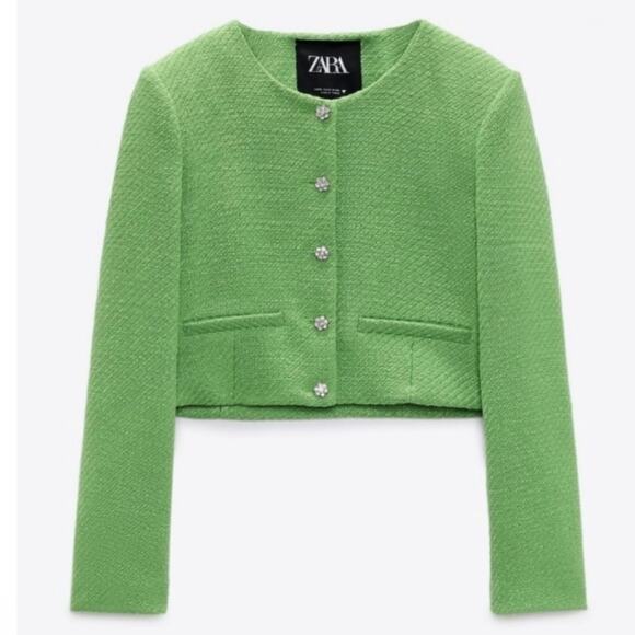 Zara Green Textured Cropped Decorative Button Jacket. - Picture 9 of 9